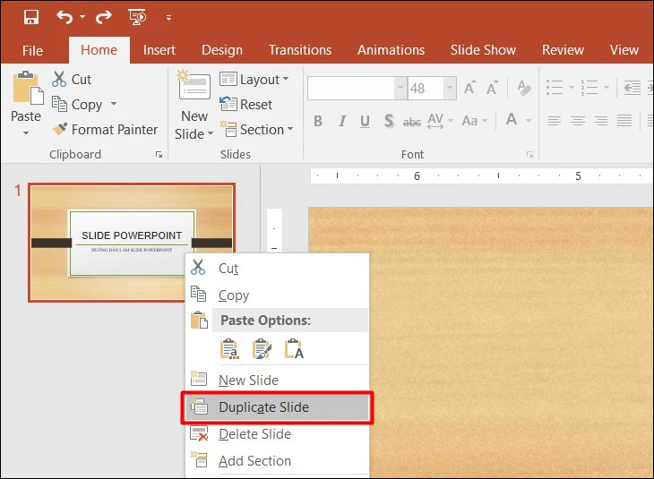 Chọn Duplicate Slide để nhân bản nhiều slide giống nhau