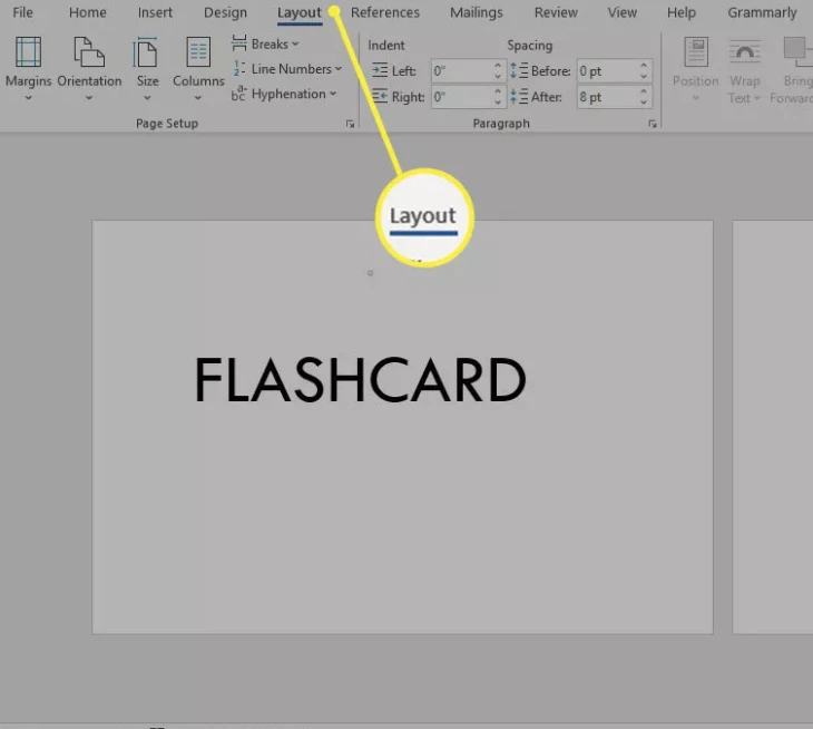 Bấm vào tab Layout để thay đổi kích thước trang thành kích cỡ của một Flashcard