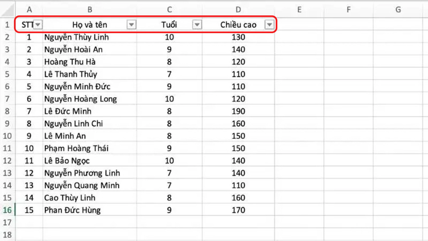 Hình bật bộ lọc dữ liệu trong Excel