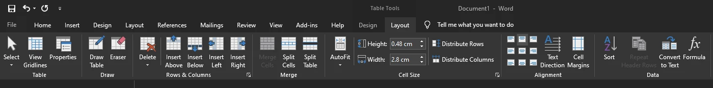 Chọn tab Layout từ Table Tools