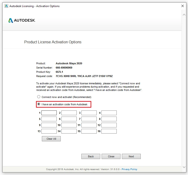Chọn "I have an activation code from Autodesk"
