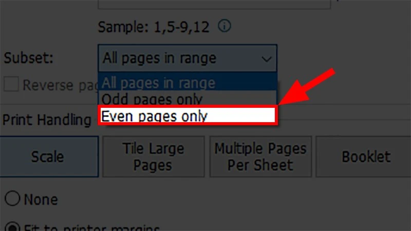 Hình chọn Even pages để in các trang chẵn