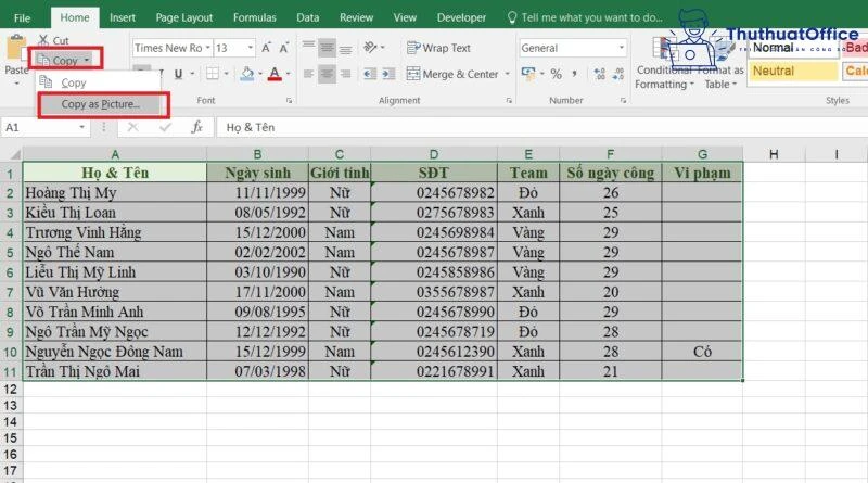 Hướng dẫn chuyển Excel sang ảnh