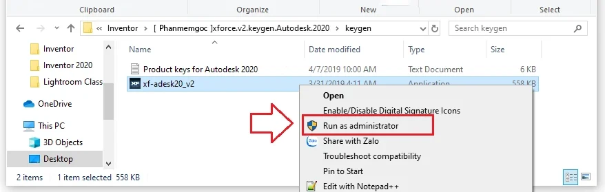 Chạy file Tool xf-adesk 2020_v2.exe với quyền Administrator