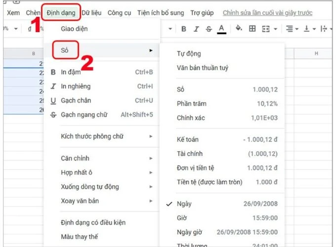 Định dạng ngày trong Google Sheets