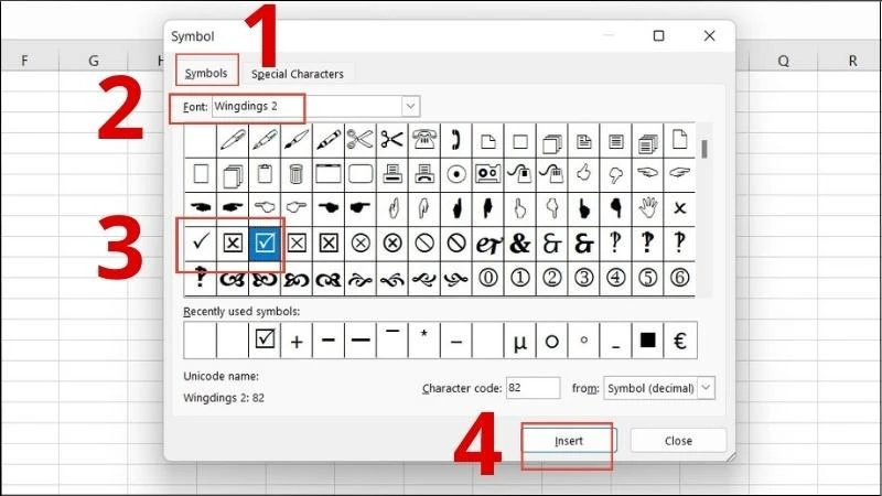 Chọn font chữ Wingdings 2 > Chọn biểu tượng dấu tích phù hợp > Chọn Insert