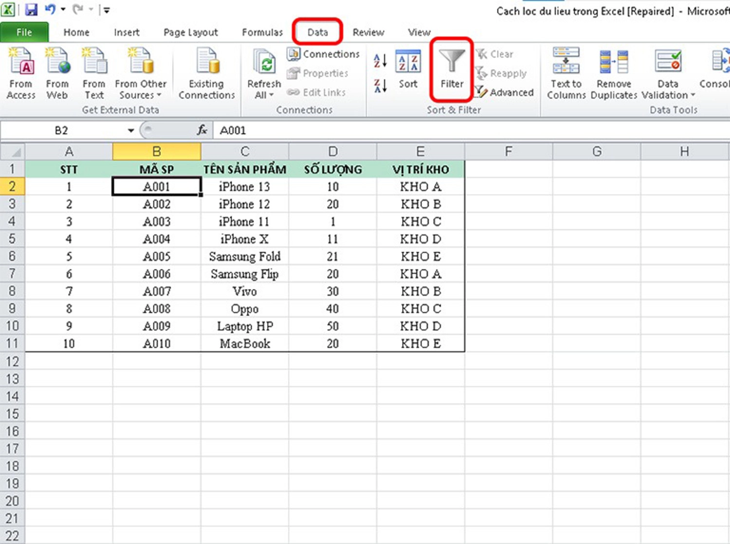 Hình chọn thẻ Data và chọn Filter