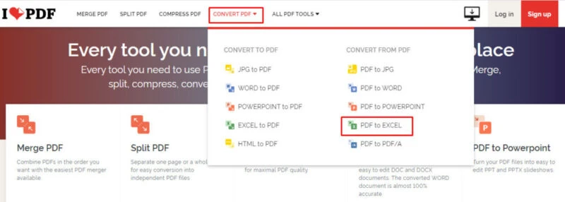 Chọn "PDF to Excel" để tiếp tục