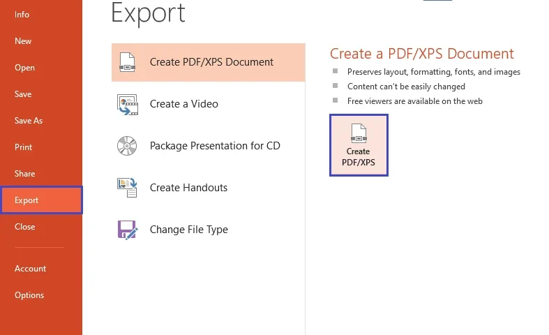 Chọn Create PDF/XPS sau đó đặt tên file và click vào Publish để xuất PowerPoint sang PDF