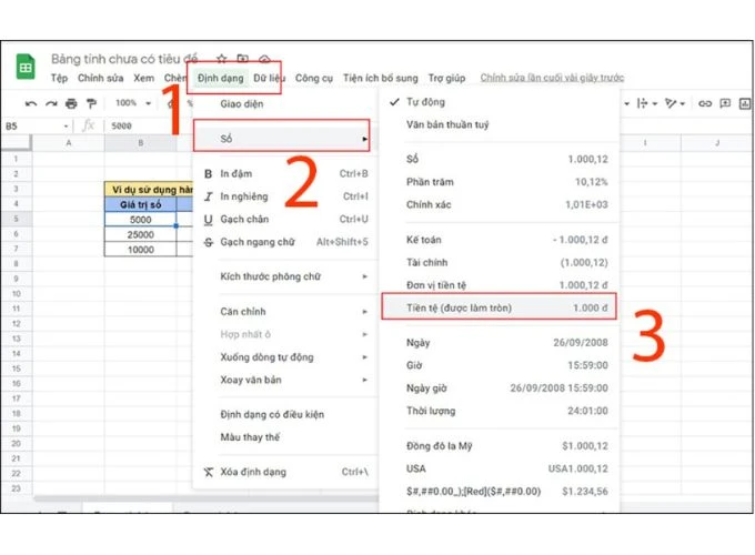 Định dạng tiền tệ trong Google Sheets