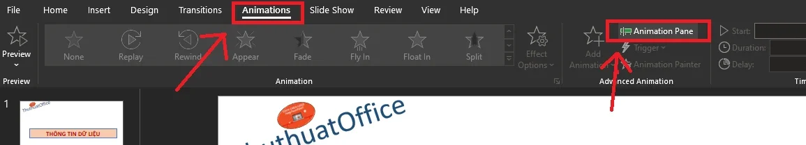 Chọn Animation Pane để sắp xếp thứ tự hiệu ứng xuất hiện