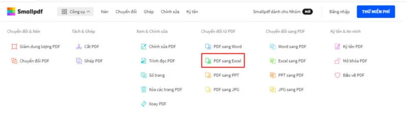 Chọn PDF sang Excel để tiếp tục