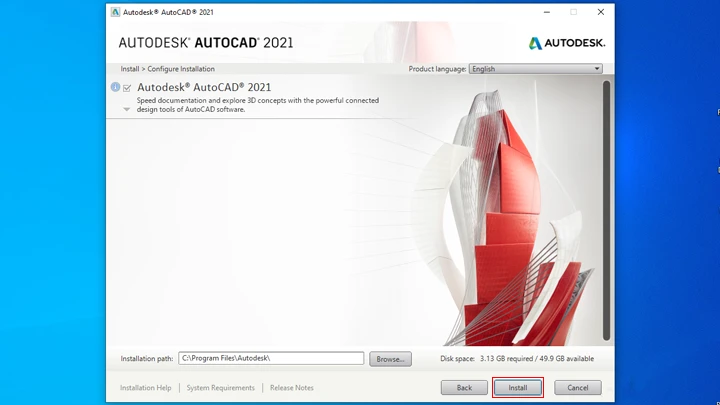 Tích chọn Autodesk AutoCAD 2021 và nhấn Install để tiếp tục