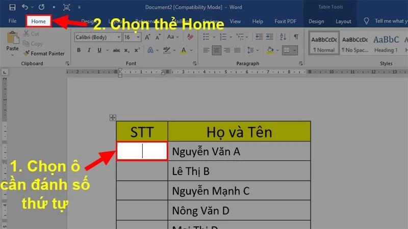 Mở file Word > Để con trỏ chuột ở ô cần đánh số thứ tự > Chọn thẻ Home