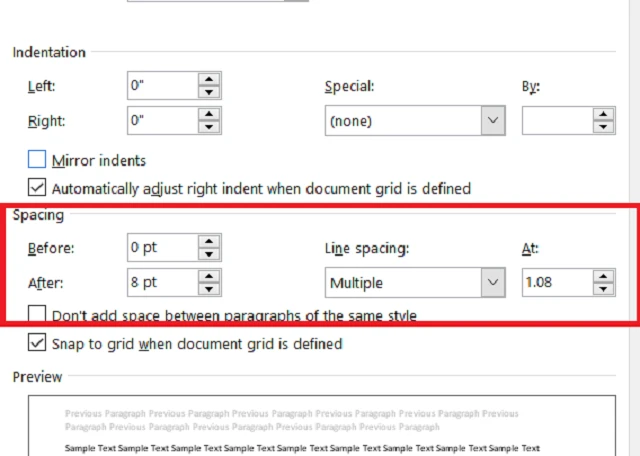 Tìm khoảng cách chuẩn giữa các dòng tại Spacing trong hộp thoại Paragraph