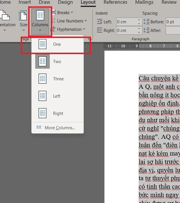 Chọn Page Layout > Columns > chọn One