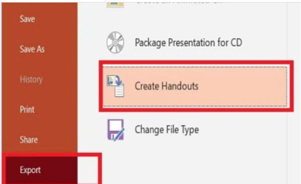 Chọn Create Handouts bên cửa sổ bên phải