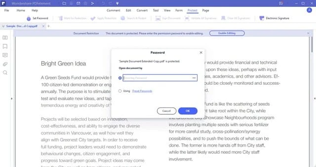 Mở file PDF và click vào nút "Enable Editing" trên thanh thông báo