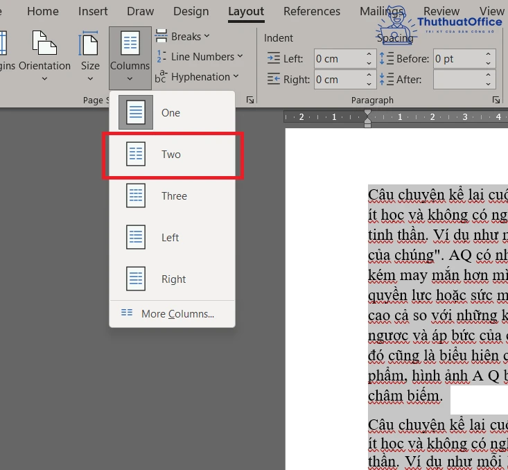 Tại mục Columns chọn Two