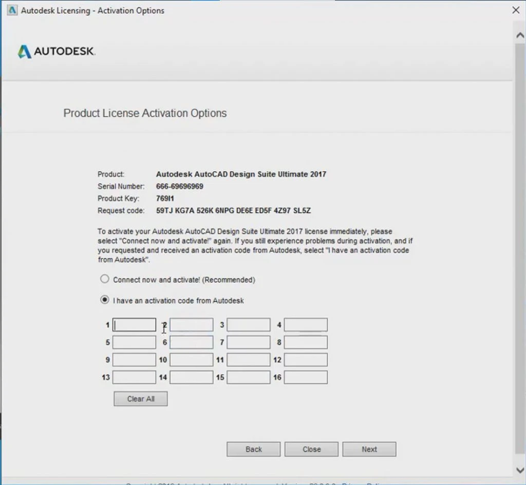 Chọn tích vào I have an activation code from Autodesk