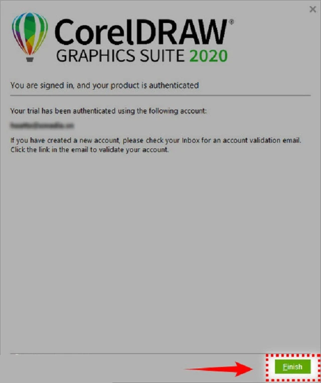 Chọn finish để hoàn tất quá trình cài đặt phần mềm corel