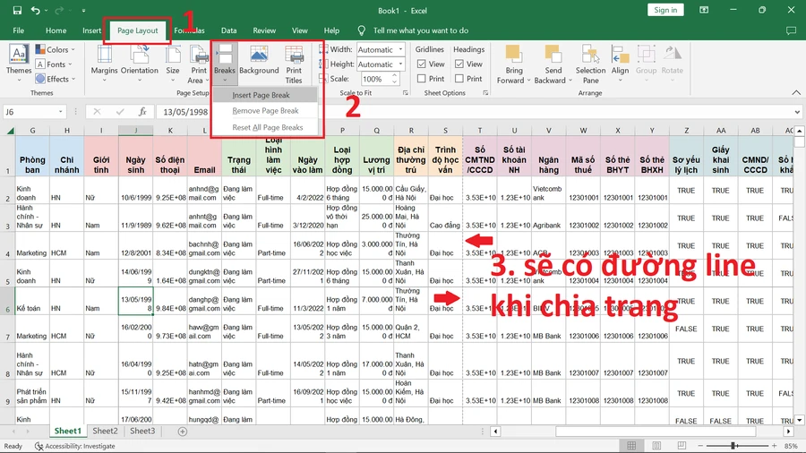 Cách in excel vừa trang giấy A4 bằng Breaks