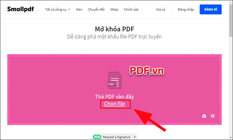 Nhấp vào nút "Chọn File" để tải lên tệp PDF bị khóa lên