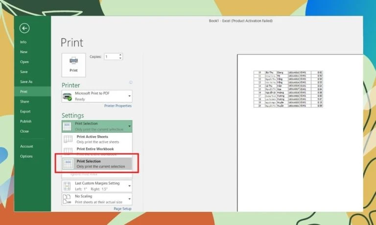 Chọn Print Selection để in những vùng được chọn