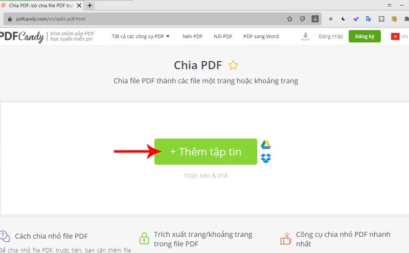 Tải file PDF cần cắt lên từ máy tính/ Google Drive/ Dropbox