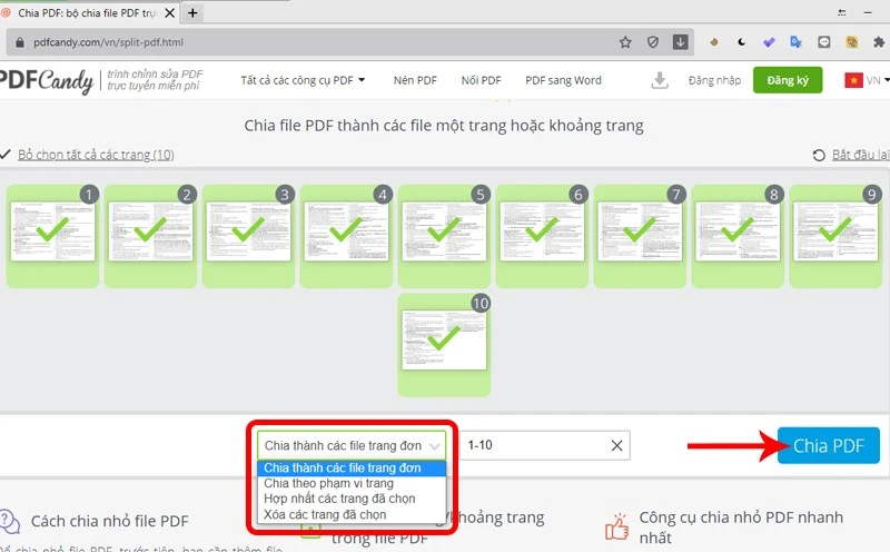 Chọn cách cắt file và nhấn vào Chia PDF