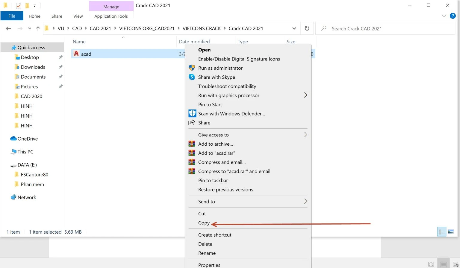 Sao chép tệp Crack “acad”