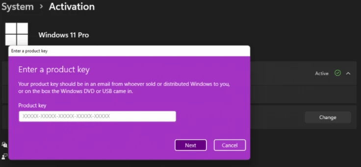 Nhập Key Windows 11 bản quyền vào ô Product Key và nhấn "Next"