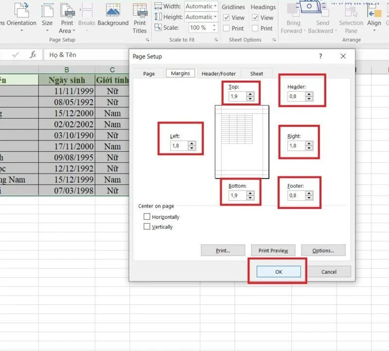 Căn chỉnh lề trong Excel