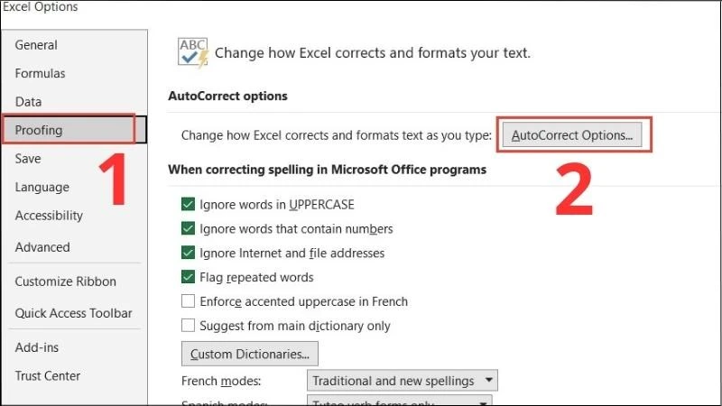 Hình ảnh chọn Proofing > Chọn AutoCorrect Options