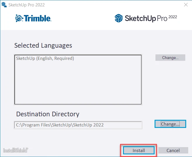 Chọn "Install" để cài đặt SketchUp Pro 2022