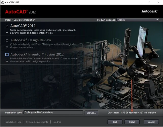 Chọn mục AutoCAD 2012 và nhấn Install để tiếp tục