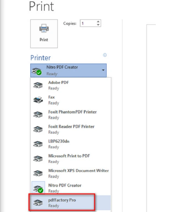 Chọn PdfFactory Pro trong mục Printer
