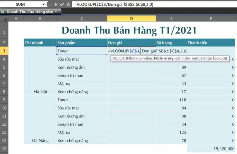 Nhập công thức sẽ được áp dụng cho tất cả các ô trong vùng dữ liệu