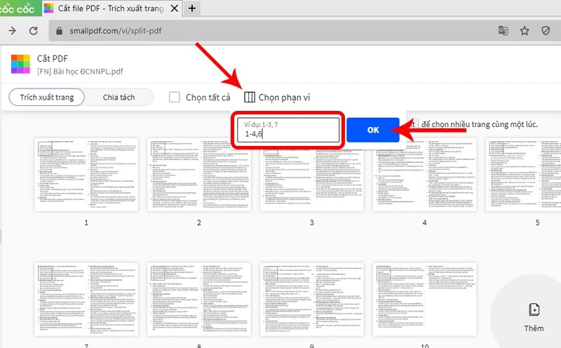 Nhập số trang hoặc khoảng trang cần cắt và chọn OK