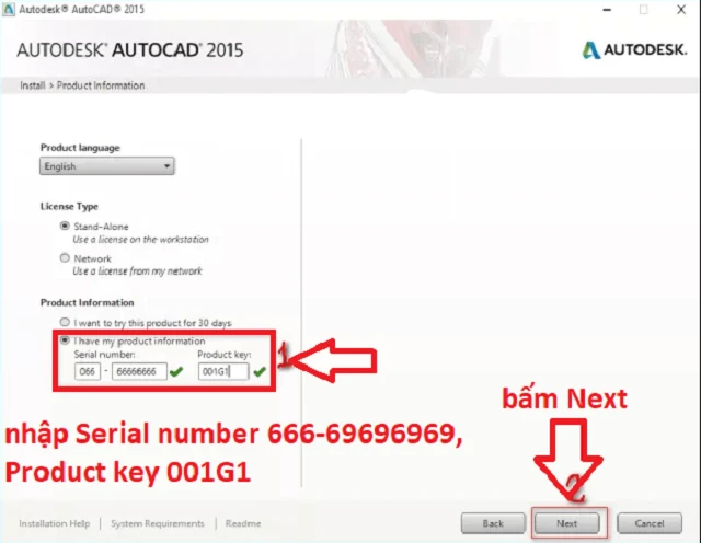 Nhập serial number và product key theo các thông tin có sẵn