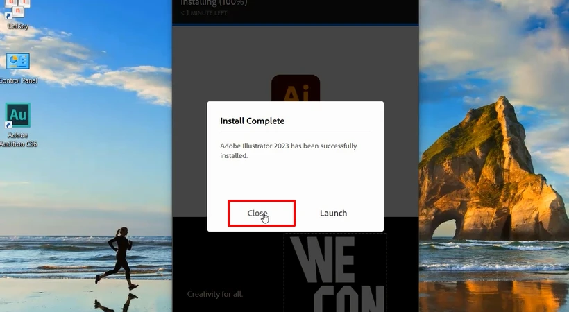 Chọn Close để hoàn tất quá trình cài đặt Adobe Illustrator 2023