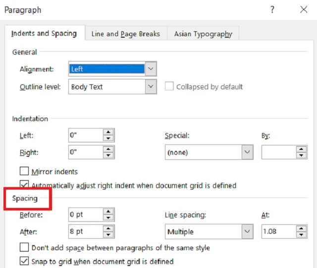 Vào hộp thoại Paragraph rồi chọn tiếp Spacing