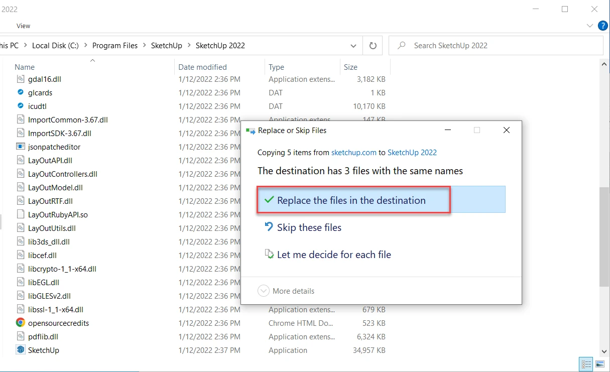 Chọn "Replace the files in the destination" để thay thế các file