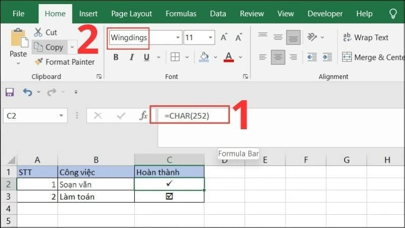 Hình ảnh sử dụng hàm CHAR để đánh dấu tích trong Excel