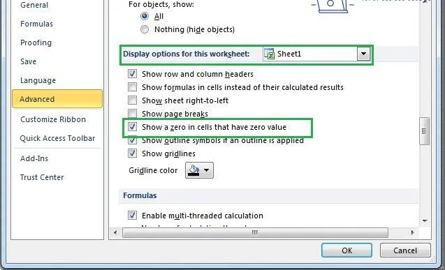 Cách hiện số 0 trong Excel bằng Advanced