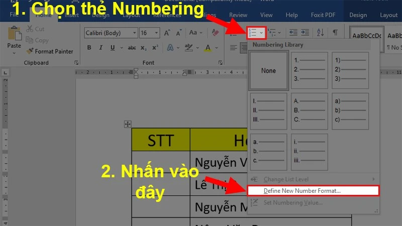 Nhấn vào Numbering > Chọn Define New Numbering Format