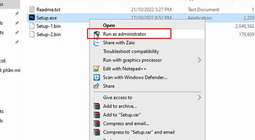 Chạy File Setup với quyền Admin