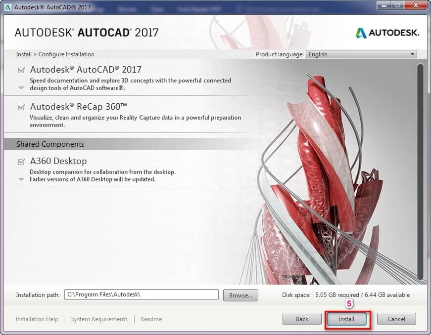 Tích chọn Autodesk AutoCAD 2017 và xác nhận chọn "Install"