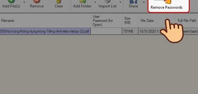 Chọn "Remove Passwords" trong cửa sổ phần mềm