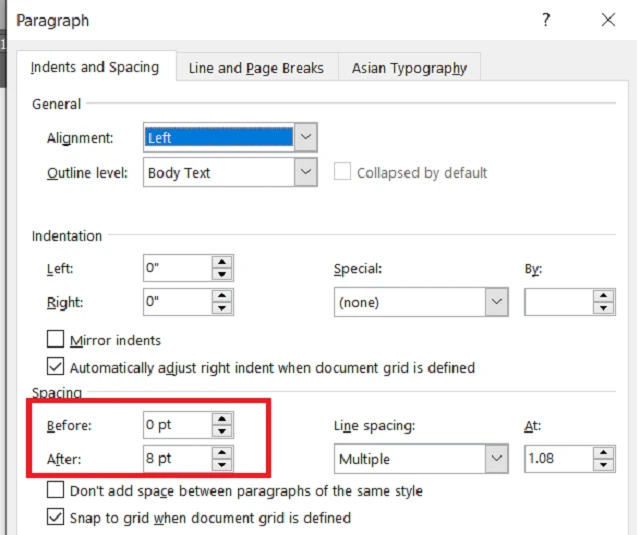 Tìm đến mục Spacing rồi tùy chọn